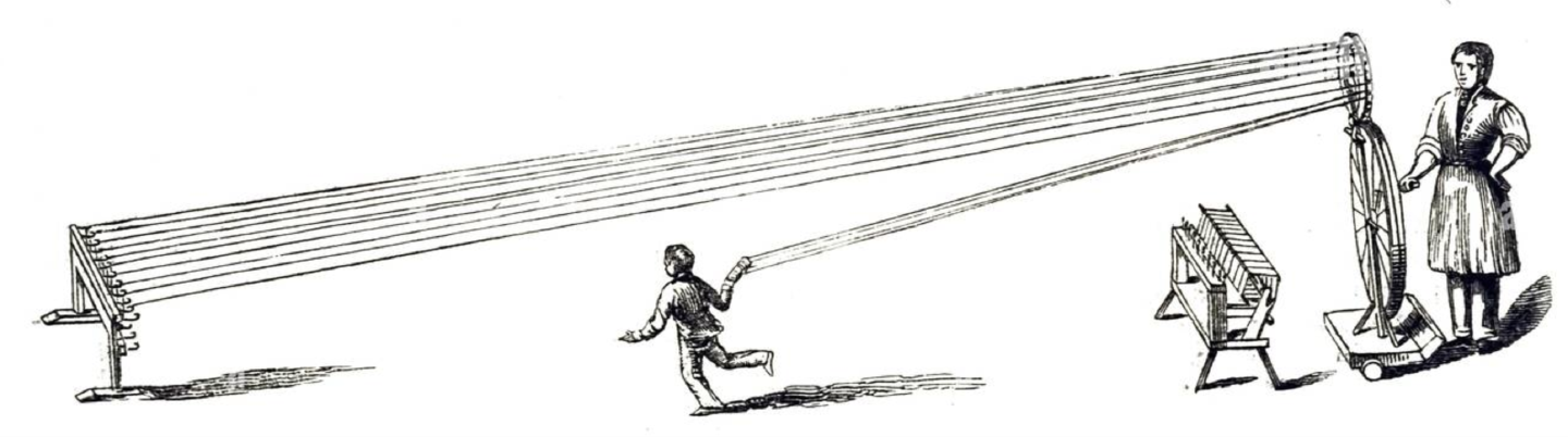 An illustration showing the silk throwing by hand. It shows the silk being stretched between two points multiple times, and is used here to represent metaphorically the trace between two points. (THE PENNY MAGAZINE, VOL XII No. 711. 1843) An illustration showing the silk throwing by hand. It shows the silk being stretched between two points multiple times, and is used here to represent metaphorically the trace between two points. (THE PENNY MAGAZINE, VOL XII No. 711. 1843)