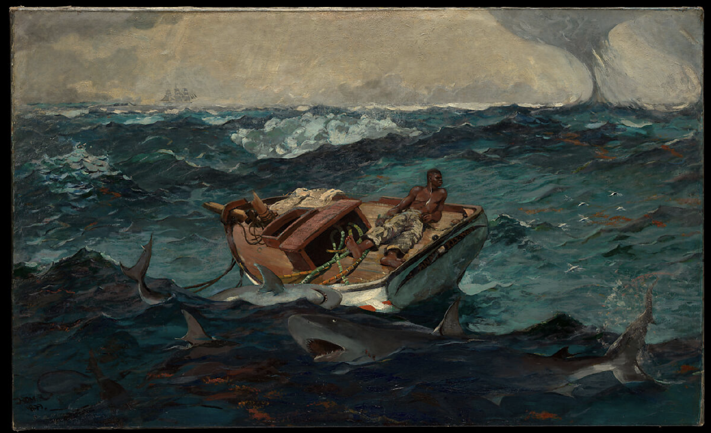 The Gulf Stream by Winslow Homer (1899) - A lone stoic Black man on a damaged boat, surrounded by sharks and a swirling waterspout, symbolizing human struggle against nature and the brutal history of empire and slavery. The Gulf Stream by Winslow Homer (1899) - A lone stoic Black man on a damaged boat, surrounded by sharks and a swirling waterspout, symbolizing human struggle against nature and the brutal history of empire and slavery.